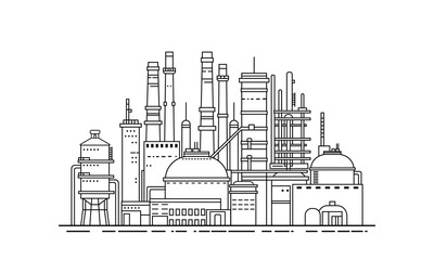 Obraz premium chemical industry enterprise outline silhouette. Horizontal industrial landscape. Oil refinery, tanks, pipes, production of petroleum products, liquefied gas, chemistry.