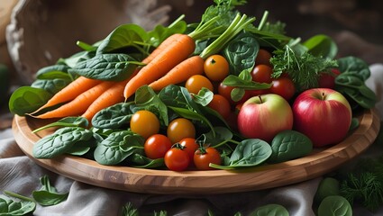 Top-Down View of a Wooden Plate Filled with Fresh Organic Fruits and Vegetables, Showcasing Farm-to-Table Natural Produce