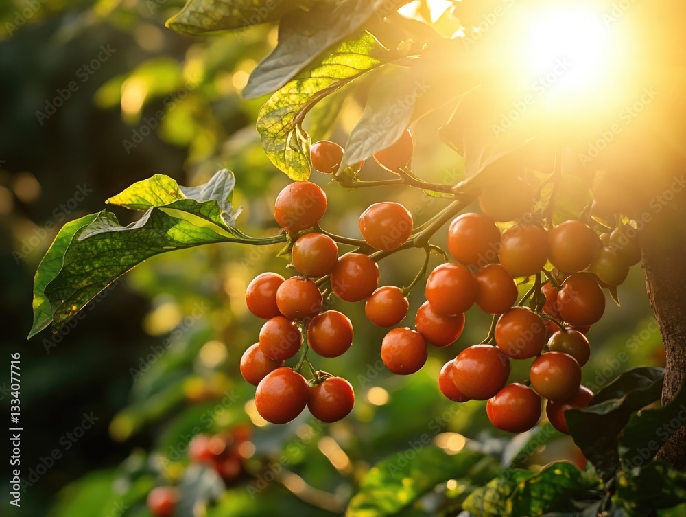 Poster fresh red tomatoes suspended from a tree branch