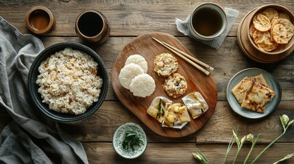 An assortment of Japanese food is presented on a wooden table