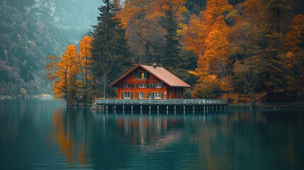 Obraz premium Cozy red chalet on a lake surrounded by autumn foliage