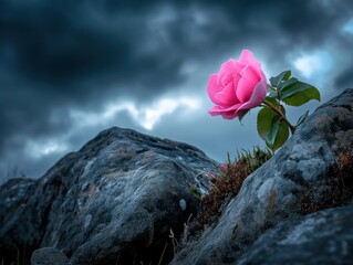 Pink rose atop rocky outcrop under dramatic sky