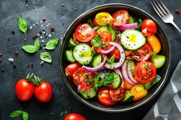 A colorful arrangement of fresh vegetables including tomatoes, cucumbers, and onions