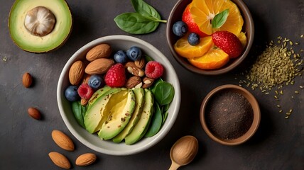 Healthy, Colorful Plate with Salad, Superfoods, and Antioxidant-Rich Ingredients Supporting Immunity, Mental Health, and Stress Reduction