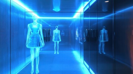Futuristic clothing store corridor featuring glowing mannequins displays apparel