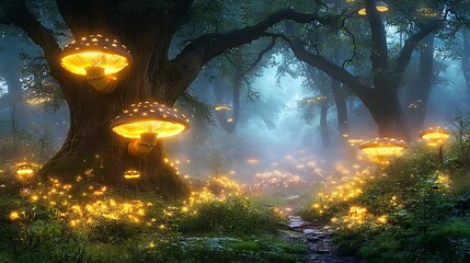 A misty morning in an enchanted forest with ancient trees, glowing mushrooms, and a magical atmosphere