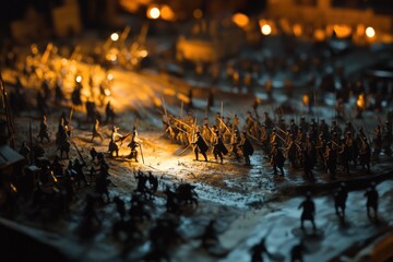 A group of toy soldiers standing on a city street at night