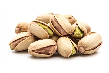 Pile of pistachios, shelled, isolated on white background