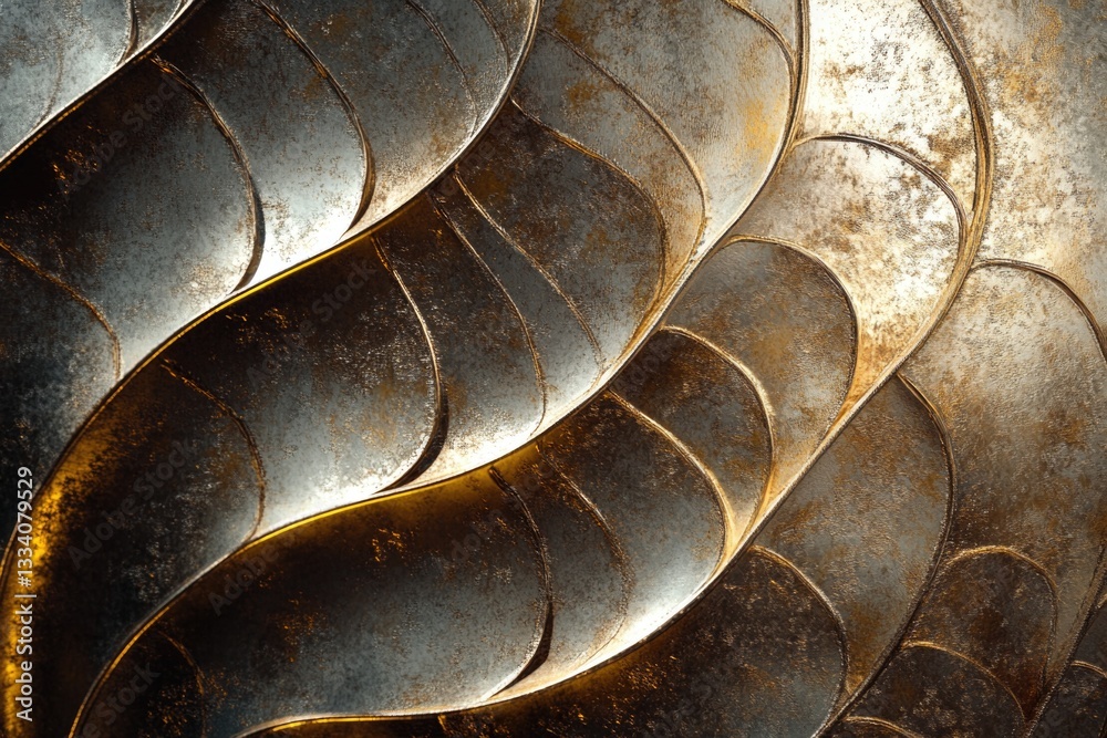 Poster a close-up view of a metal sculpture depicting the tail of a dragon, with intricate details and text