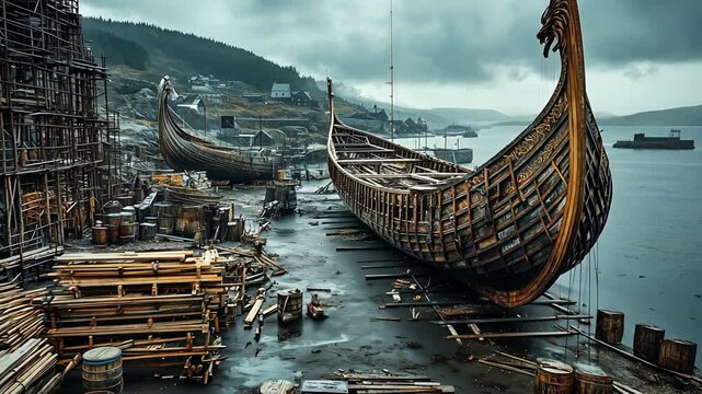 Viking Shipyard: Traditional Shipbuilding and Scenic Maritime Landscape