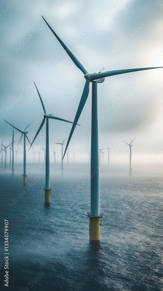 Poster A cluster of wind turbines floating on the surface of the ocean