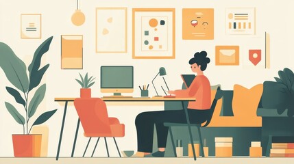 A woman is working from home at her modern desk