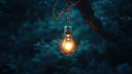 A glowing incandescent lightbulb hangs suspended from a tree branch