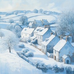 Fototapeta premium Snowy village scene, winter houses, hills, trees.