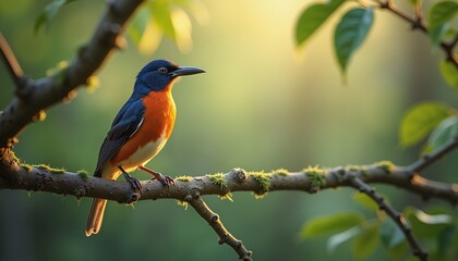 Obraz premium Colorful bird perched on branch in sunlit forest, nature and wildlife concept
