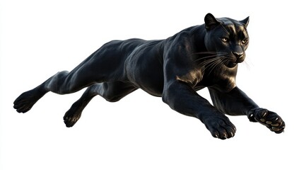 Fototapeta premium Sleek Black Panther in Full Motion, Capturing Grace and Power of Nature with Elegant Jump on a White Background
