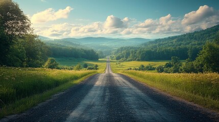 Serene Rural Road Leading Through Picturesque Landscape. Generative AI