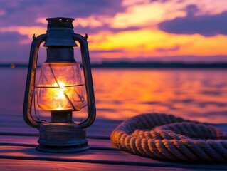 Vintage lantern illuminates tranquil sunset over water