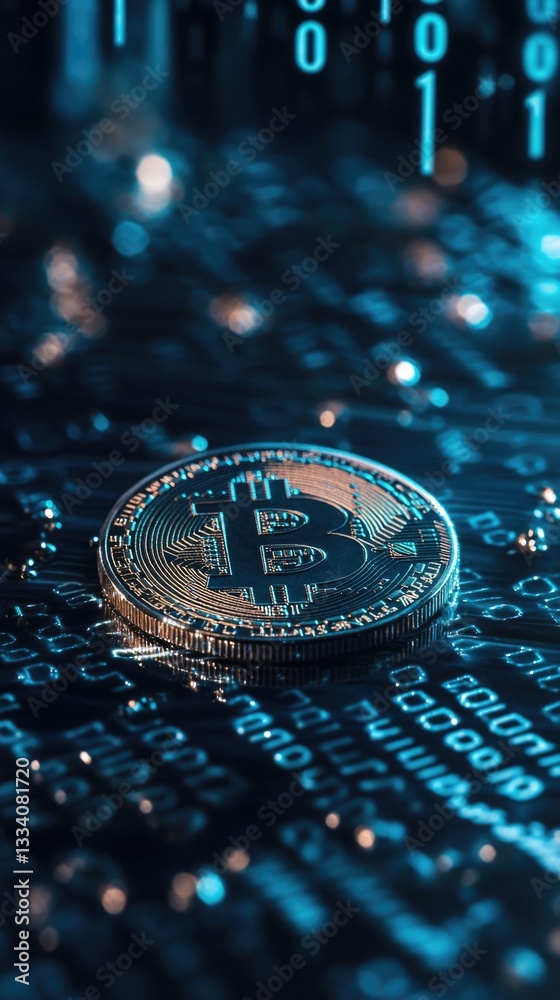 Aufkleber A bitcoin sitting on top of a computer circuit board, concept image for cryptocurrency and tech themes