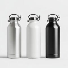 Three stainless steel water bottles, studio mockup, blank branding
