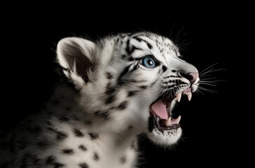 Obraz premium Snow Leopard Cub with Blue Eyes Roaring Fiercely Against a Black Background, Capturing the Beauty of Nature's Wildlife in Stunning Detail