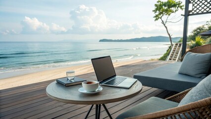 A peaceful beachside workspace featuring a laptop, coffee, and scenic ocean views, perfect for relaxation and productivity.