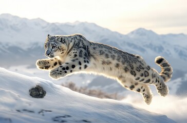 Fototapeta premium Snow Leopard in Mid-Jump Over Snowy Landscape with Majestic Mountains in Background Capturing the Essence of Wildlife and Nature in a Serene Atmosphere