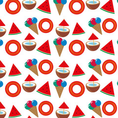 Bright summer seamless pattern with ice cream, coconut, watermelon and a lifebuoy. Vector illustration.