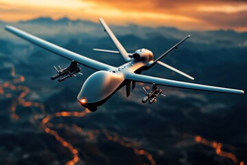 Military drone executing covert flight maneuver, stealth UAV in low-light conditions, advanced navigation systems glowing, high-altitude surveillance mission