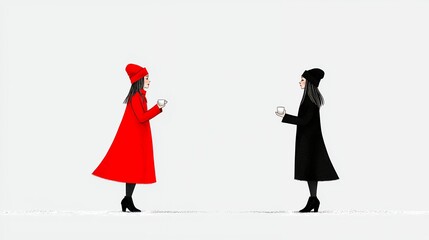 Two Women in Vibrant Winter Coats Holding Cups in a Snowy Landscape