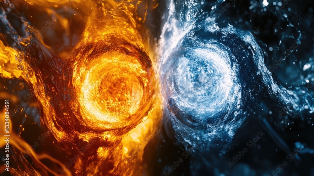 Poster Two swirling patterns of flames and waves on a dark background