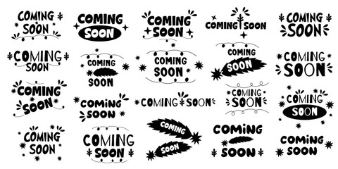 Cute Doodle Coming Soon Handwritten Vector Set