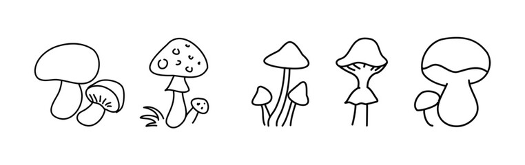 Collection of five minimalistic mushroom illustrations in black outline style showcasing different shapes and forms on a plain background