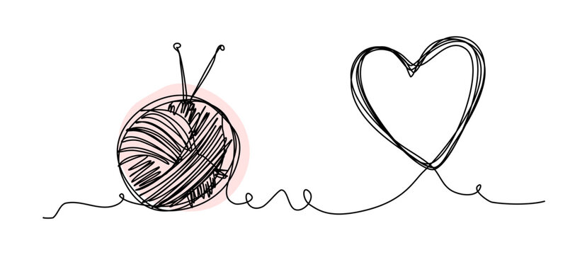 Minimalistic ink line art depicting yarn ball connected to heart shape with loose thread suggesting creativity and warmth in handmade crafts.