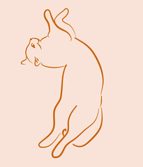 Simple line art of a cat stretching gracefully on a light background shows elegance and fluidity in minimalistic style. Perfect for design projects showcasing calm and balance.