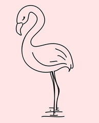 Elegant line art of a flamingo standing against a pastel pink backdrop. The simple black outlines emphasize the graceful curves and serene posture of the bird, creating a tranquil and stylish design.