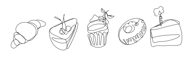 Illustration features a collection of pastries and desserts drawn in a continuous line style. The depiction includes a croissant, slice of cake, cupcake, donut, and cake with candle.