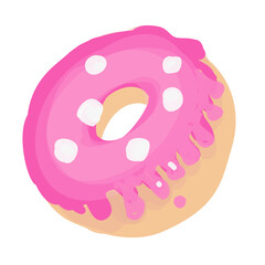 Illustration of a vibrant doughnut topped with bright pink icing and dotted with white shapes, set against a plain white background, showcasing a fun and appetizing design.