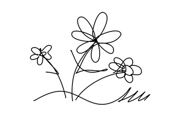 Minimalist line art depicting three flowers in bloom with simple petals. The design showcases clean lines and elegant simplicity, emphasizing natural beauty.