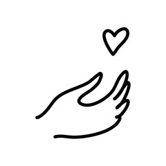 Simple black line illustration depicting an open hand reaching toward a floating heart symbolizing love care and connection in a minimalistic style.
