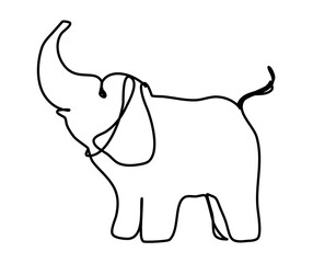 Simple minimalistic depiction of an elephant drawn with a continuous line art style. The illustration features a single unbroken line forming the shape of the elephant with its trunk raised