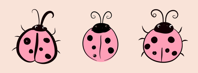 Fototapeta premium Illustration of three adorable pink ladybugs with whimsical black spots and antennae on a plain backdrop. Perfect for childrens design elements and playful decor.