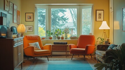 Fototapeta premium A retro style living room with two orange armchairs near window