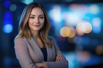 Portrait of a woman with her arms crossed, looking directly at the camera