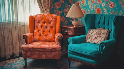 Two colorful upholstered chairs in a decorated room display