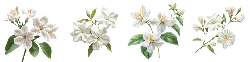 Obraz premium Exotic floral extracts for hair care packaging concept. A series of delicate white flowers with green leaves, showcasing their intricacy and beauty