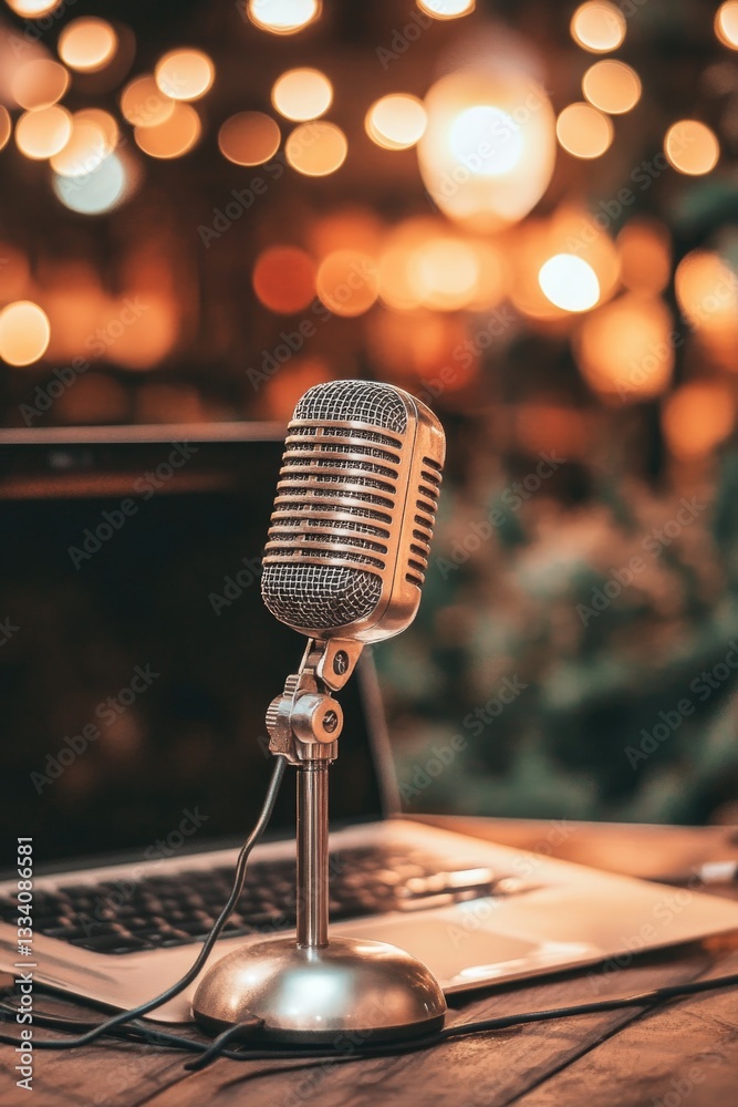 Poster a microphone placed next to a laptop, perfect for recording or streaming