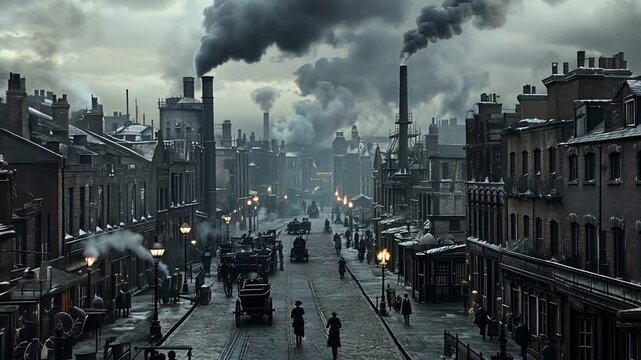 A vivid portrayal of a cityscape during the Industrial Revolution