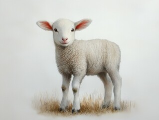 Fototapeta premium Cute White Lamb Standing on Green Grass with Soft Focus Background