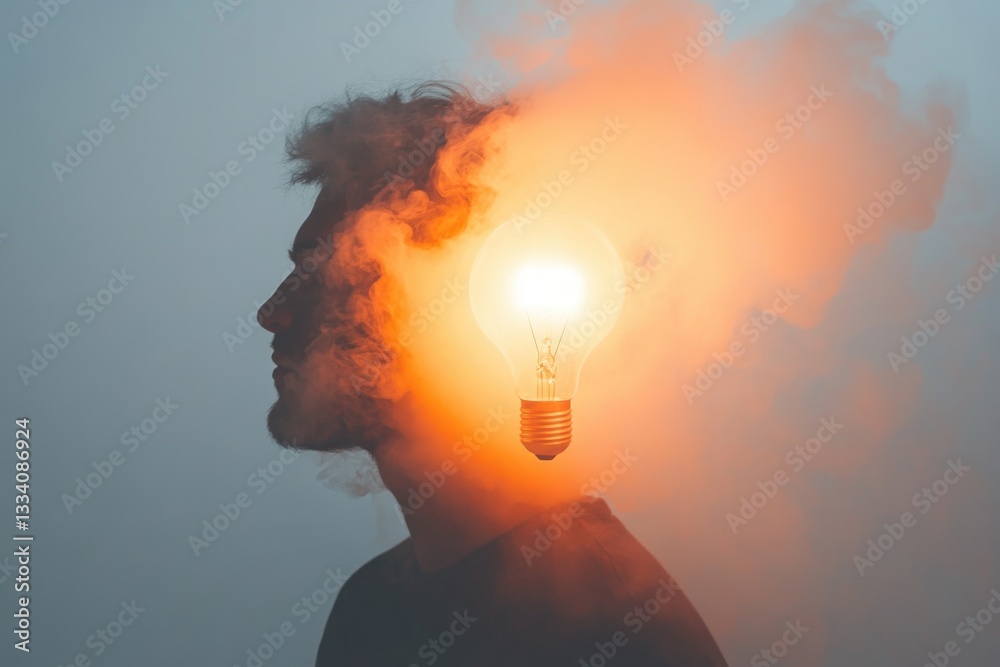 Poster a person holding a light bulb in their head, possibly for creative or problem-solving purposes